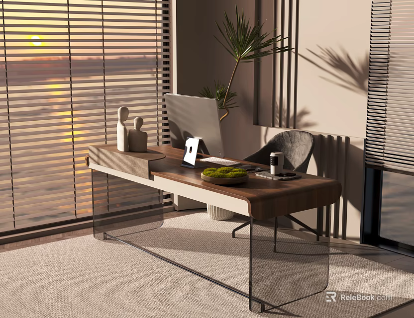Modern Wooden Desk With Glass Legs Featuring Laptop Plant And Decorative Items Near Window Blinds 3d model 
