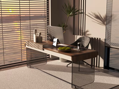 Modern Wooden Desk With Glass Legs Featuring Laptop Plant And Decorative Items Near Window Blinds 3d model