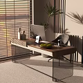 Modern Wooden Desk With Glass Legs Featuring Laptop Plant And Decorative Items Near Window Blinds