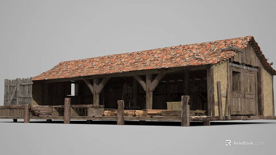 Rustic Wooden House With Tiled Roof Wooden Beams And Front Porch Design 3d model 