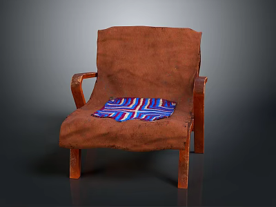 Brown Fabric Leisure Chair With Wooden Armrests And Colorful Geometric Pattern Cushion 3d model