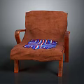 Brown Fabric Leisure Chair With Wooden Armrests And Colorful Geometric Pattern Cushion