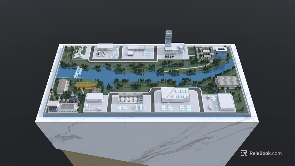 Commercial Equipment Facilities in Modern Business Park Layout with River and Green Space 3d model 