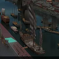 Ancient Sailing Junks Sailing Along Scenic Waterway With Traditional Buildings