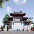 Traditional Chinese Archway With Multi Tiered Roof Green Trees And People Walking