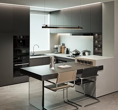 Modern Kitchen Interior With Dark Cabinets Island Countertop Built-in Appliances And Pendant Light 3d model