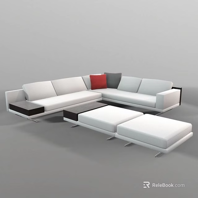Modern Sectional Sofa With White Upholstery Red Grey Cushions Black Legs And Ottoman 3d model 