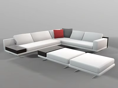 Modern Sectional Sofa With White Upholstery Red Grey Cushions Black Legs And Ottoman 3d model