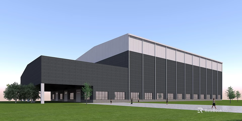 Modern Industrial Factory Building Exterior Design With Large Wall Panels And Lawn Area 3d model 