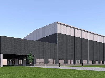 Modern Industrial Factory Building Exterior Design With Large Wall Panels And Lawn Area 3d model