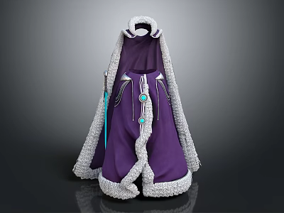 Elegant Purple Cloak With Gray Furry Trim And Blue Decorative Accents 3d model