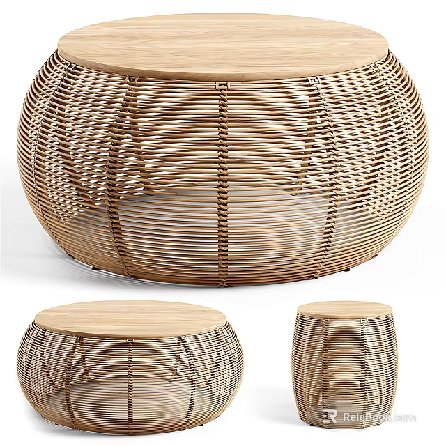 Natural Rattan Round Coffee Table With Woven Design And Wooden Top 3d model 