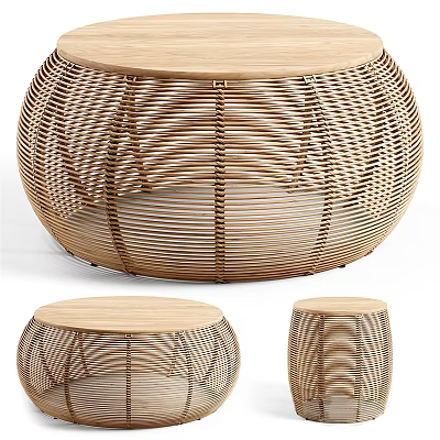 Natural Rattan Round Coffee Table With Woven Design And Wooden Top 3d model