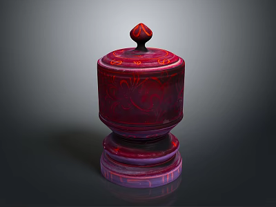 Ornate Red Decorative Storage Jar With Intricate Pattern Lid And Base 3d model