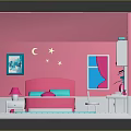 Pink Bedroom Interior With Bed Desk Nightstand Lamp Blue Rug And Moon Star Art