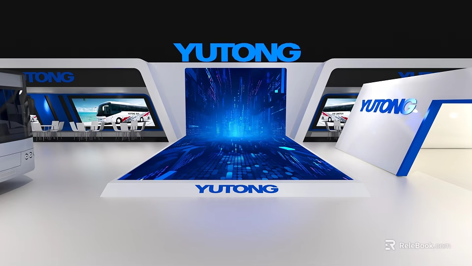 YUTONG Modern Bus Exhibition Booth Featuring Blue Tech Inspired Background Design 3d model 