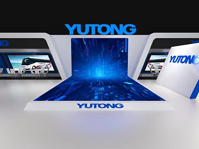 YUTONG Modern Bus Exhibition Booth Featuring Blue Tech Inspired Background Design 3d model