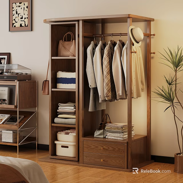 Wooden Storage Cabinet with Hanging Clothes Storage Boxes Bags and Multiple Shelves 3d model 