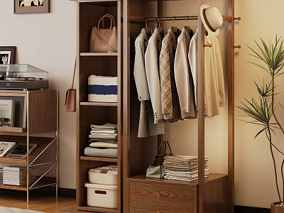 Wooden Storage Cabinet with Hanging Clothes Storage Boxes Bags and Multiple Shelves 3d model