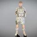 Man In Camouflage Uniform With Tactical Vest And Cap Standing Against Gray Background
