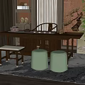 Traditional Style Solid Wood Tea Table and Chairs with Green Cushioned Stools and Potted Plant