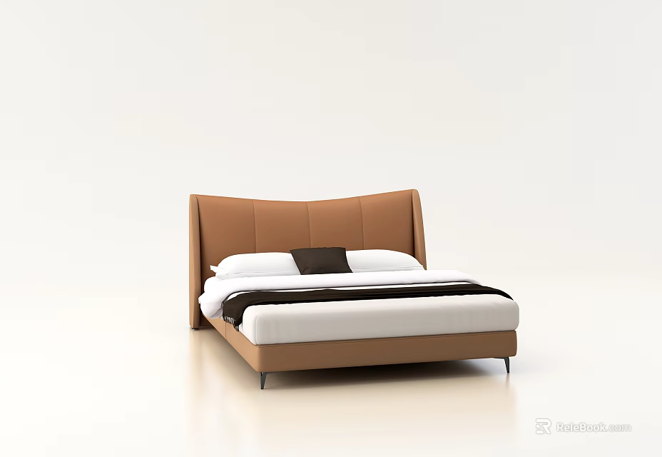 Modern Minimalist Double Bed With Brown Leather Headboard White Sheets And Black Cushion 3d model 