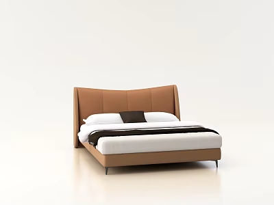 Modern Minimalist Double Bed With Brown Leather Headboard White Sheets And Black Cushion 3d model