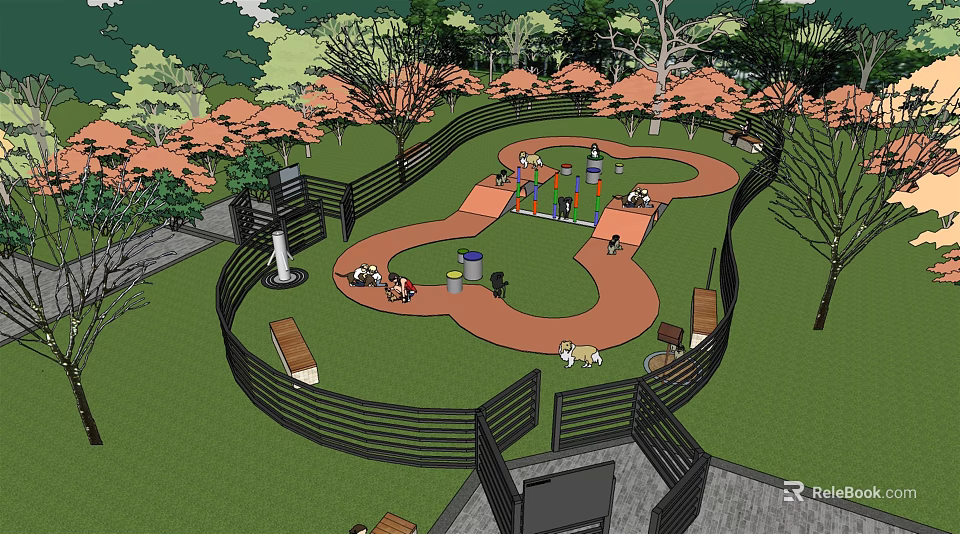 Outdoor Park Playground Design With Curved Red Path Green Lawn Black Fence And Trees 3d model 