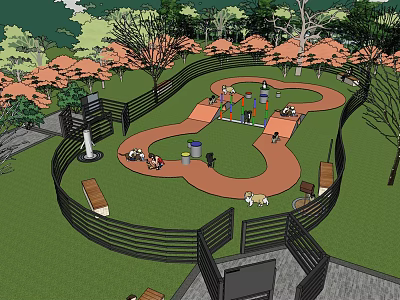 Outdoor Park Playground Design With Curved Red Path Green Lawn Black Fence And Trees 3d model