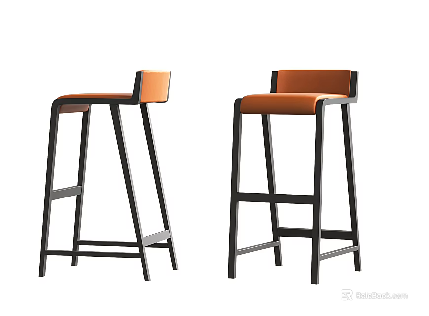 Set Of Two Modern Bar Stools With Black Frame And Orange Cushioned Seat 3d model 