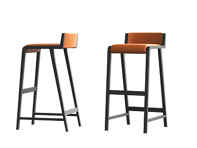 Set Of Two Modern Bar Stools With Black Frame And Orange Cushioned Seat 3d model
