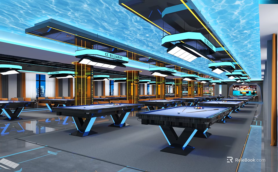 Modern Billiard Room Interior Design With Arranged Pool Tables And Ceiling Lighting 3d model 
