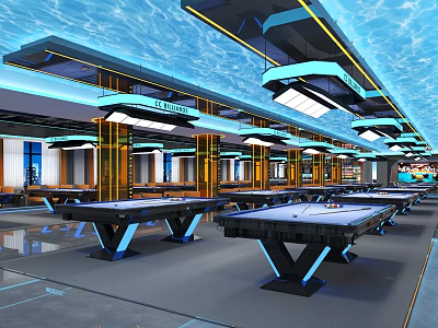 Modern Billiard Room Interior Design With Arranged Pool Tables And Ceiling Lighting 3d model
