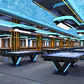 Modern Billiard Room Interior Design With Arranged Pool Tables And Ceiling Lighting