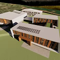 Modern Contemporary Building With Wooden Exterior Large Glass Windows Sloped Roof Green Lawn Blue Sky