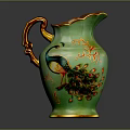 Green Ceramic Jug With Peacock Design Gold Accents And Brown Handle
