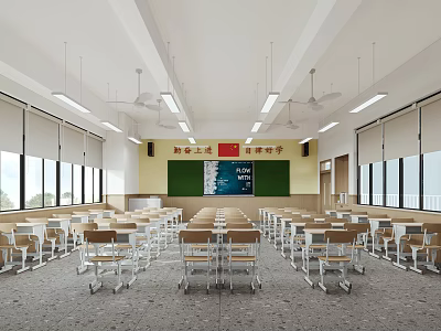 Bright School Classroom With Desks Chairs And Blackboard 3d model