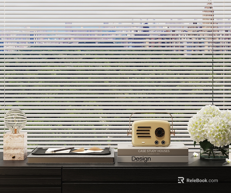 Decorative Ornament Set With Vintage Radio Perfume Bottle Design Books And White Flowers On Tabletop 3d model 