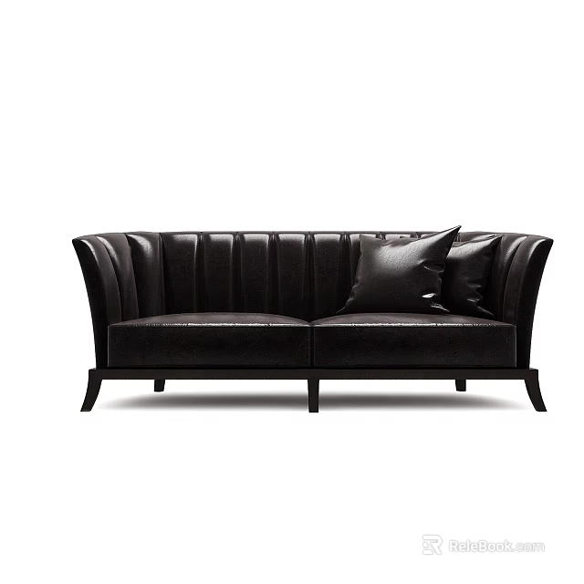 Black Leather Two Seater Sofa With Tufted Back And Decorative Pillows 3d model