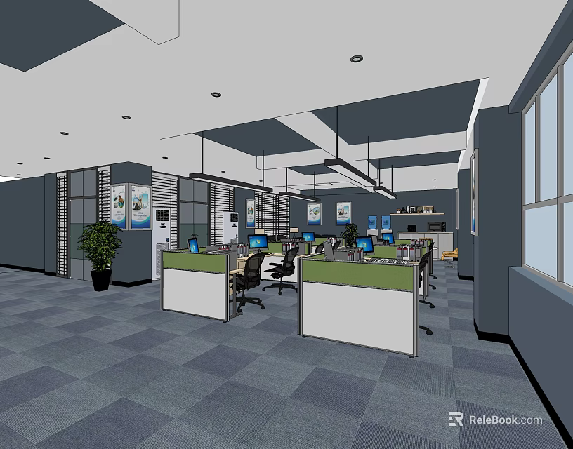 Modern Open Public Office Space With Cubicle Workstations Computers Potted Plants And Large Windows 3d model