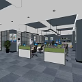Modern Open Public Office Space With Cubicle Workstations Computers Potted Plants And Large Windows 3d model