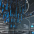 Futuristic Digital Tech Space With Blue Light Pillars Black Reflective Surfaces And Circular Patterns 3d model