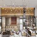 Modern Elegant Open Concept Lounge Area With Sofas Coffee Tables Pendant Lights Bookshelves Bar Counter