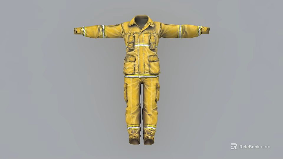 Yellow Firefighter Uniform With Reflective Stripes And Functional Pockets Design 3d model