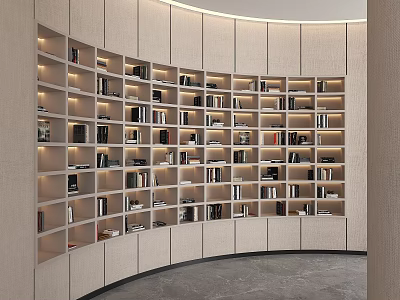 Modern Curved Built-in Bookshelf Interior with Shelf Lighting and Decor Items 3d model