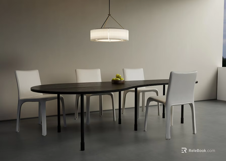 Modern Oval Dining Table Set with Black Tabletop White Chairs Pendant Light and Fruit Bowl 3d model 