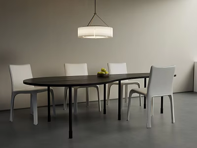 Modern Oval Dining Table Set with Black Tabletop White Chairs Pendant Light and Fruit Bowl 3d model
