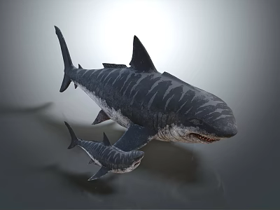 Large Black Gray Striped Shark Swimming With Small Shark In Ocean 3d model