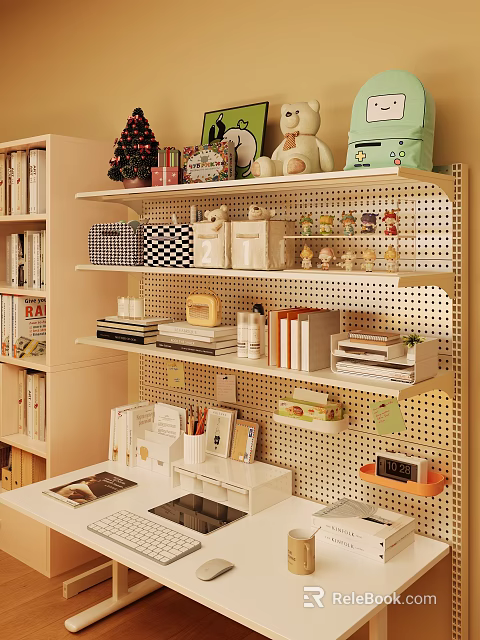 Practical Wooden Storage Shelf With Perforated Board Storage Boxes Books And Decorative Items For Home 3d model 
