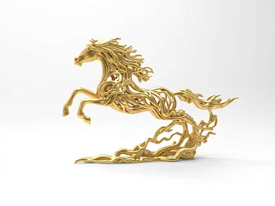 Golden Horse Shaped Art Installation With Twisted Lines In Leaping Pose 3d model